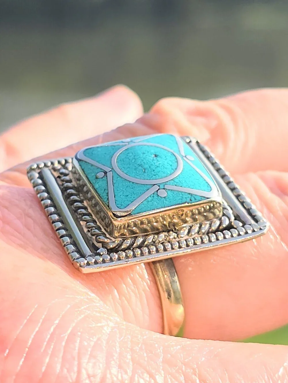 Tibetan Turquoise Square-Shaped Gemstone Ring (Adjustable)